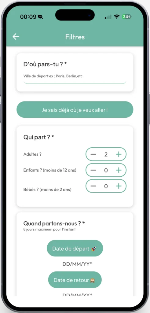 Interface de l'application NovaNomader montrant les filtres de recherche : ville de départ, nombre de passagers (adultes, enfants, bébés) et sélection des dates de séjour.
