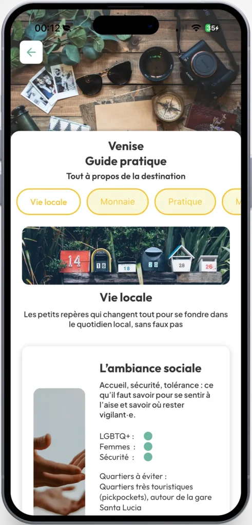 Interface de l'application Novanomader présentant le guide pratique de Venise détaillant l'ambiance sociale, les indices de sécurité pour les femmes et les voyageurs LGBTQ+, ainsi que les quartiers touristiques à éviter.