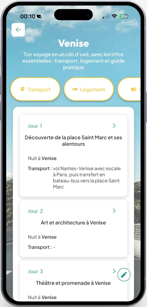 Interface de l'application de Novanomader présentant l'itinéraire de voyage à Venise détaillant le programme jour par jour, incluant les temps de transport, les lieux de nuitée et les activités prévues.