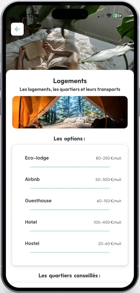 Interface de l'application Novanomader présentant un comparatif des options de logements : fourchettes de prix par nuit pour des éco-lodges, Airbnb, guesthouses, hôtels et auberges de jeunesse.