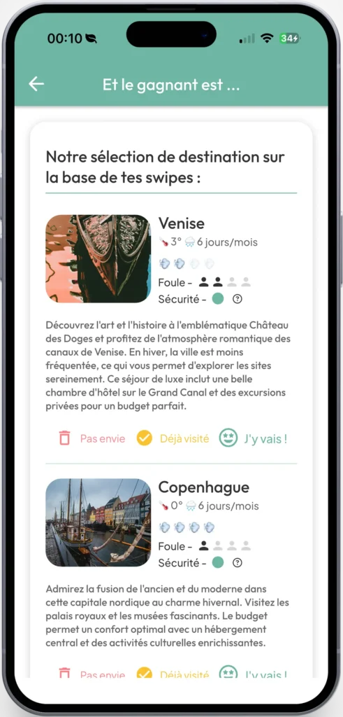 Interface de l'application Novanomader présentant la liste des résultats de destinations personnalisées sur présentant Venise et Copenhague avec des indicateurs météo, de foule, de sécurité et des boutons d'action "J'y vais", "Déjà fait" et "Pas envie".