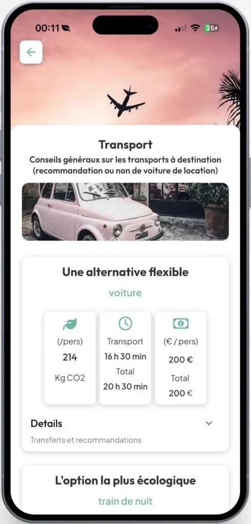 Interface de l'application Novanomader présentant un comparatif de transports affichant les émissions de CO2, la durée et le prix pour un trajet en voiture face à une alternative écologique en train de nuit.