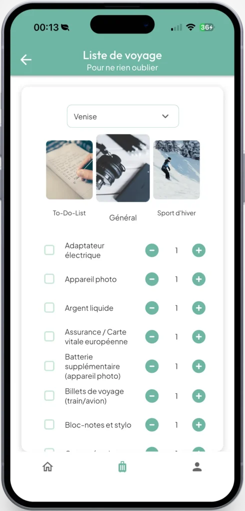 Interface de l'application Novanomader montrant une liste d'éléments à mettre dans la valise, plusieurs catégorie "to do list", "général" et "sport d'hiver".
